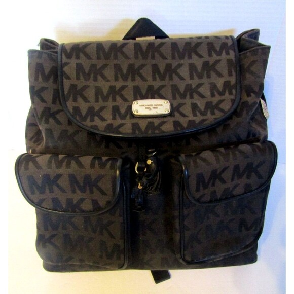 Michael Kors Backpack Monogram Black Brown Leather Trim Adjustable Straps